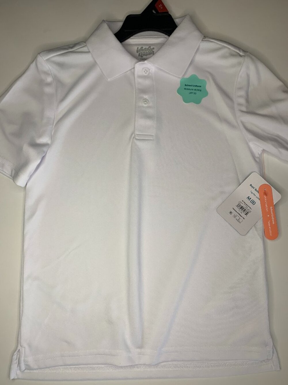 New Wonder Nation Boys School Uniform Performance Polo Shirt, White, Medium (8)